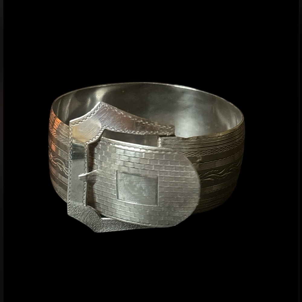 Vintage Antique wide sterling silver etched design buckle bracelet
